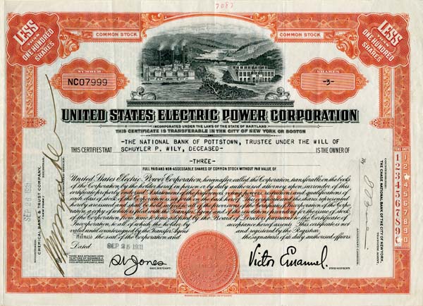 United States Electric Power Corporation - Stock Certificate